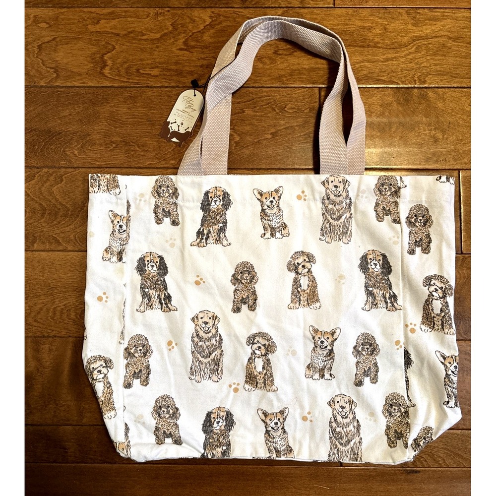 Tote Bag All Over Dog Print Tote Canvas Bag Double Handles Ivory Interior Pocket